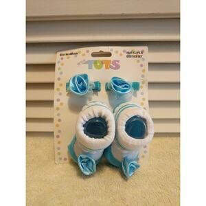 Wee Tots Newborn Blue and White Hair Clips And Booties Socks Pair Set NWT